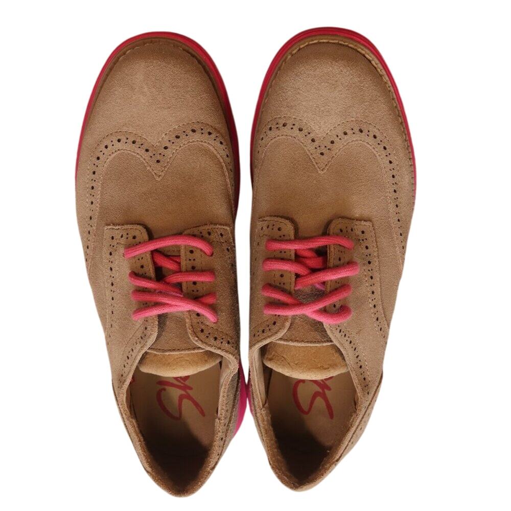 Skechers Women's Groovelite Nubuck Leather Taupe/Hot Pink Lace Up Loafers-Size 6